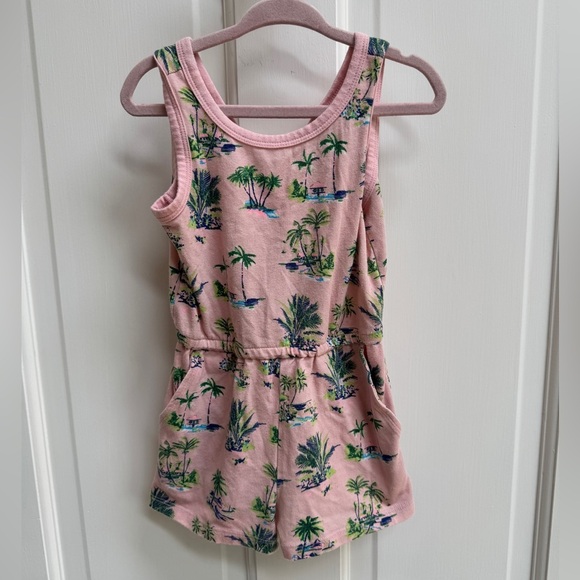 Wonder Nation 3T Girls Pink and Green Tropical Island Romper with Pockets - Picture 1 of 6